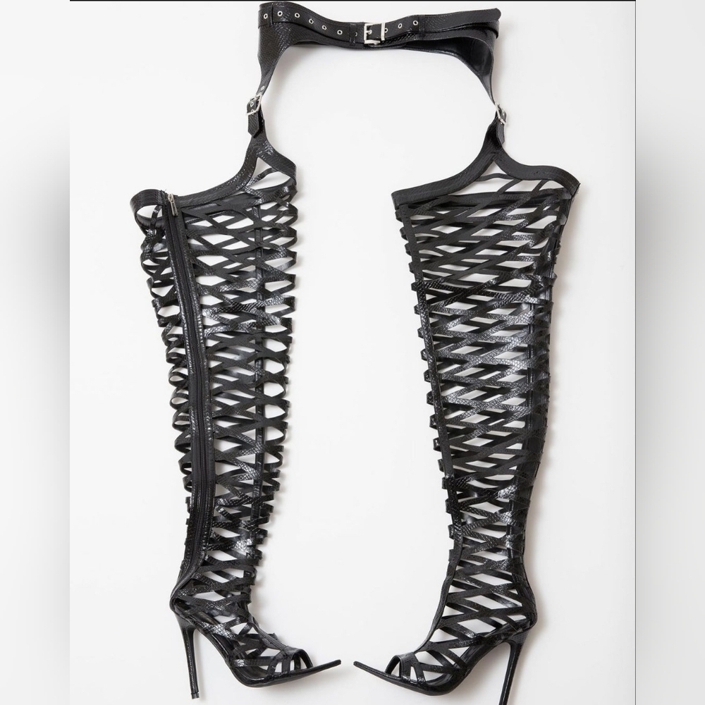 Thigh high, vegan leather open toe boots that attach to belt. ONE PAIR 4.5 inch